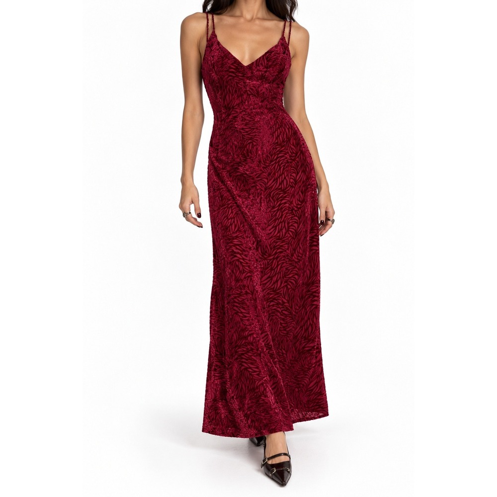 VTG 90s Burnout Velvet Zebra Dress sz 10 Burgundy Red Gown Vamp Dark Romantic